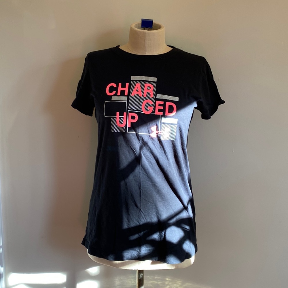 Under Armour Short Sleeve Black Tee Size S “Charged Up” Graphic